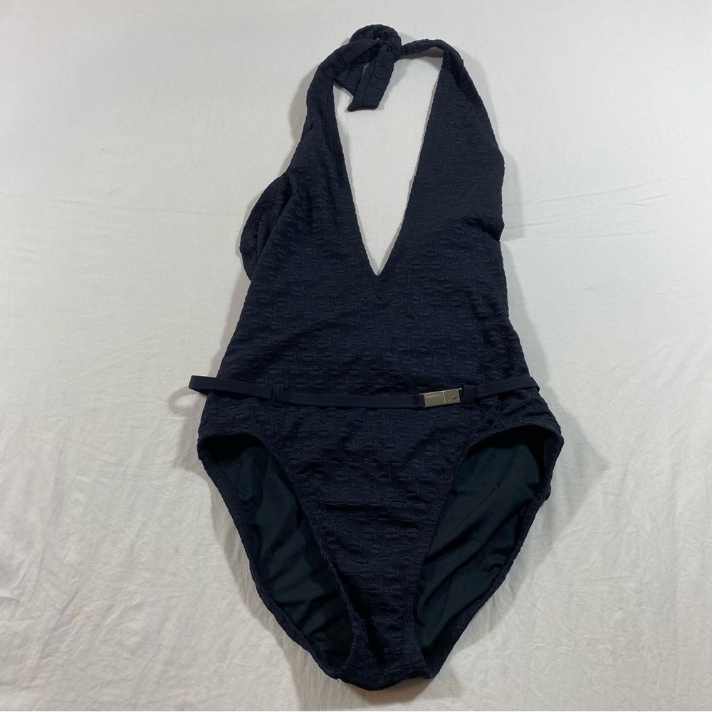 Perry Ellis One piece Swimsuit Halter Top Deep Plunge Navy Blue size 6 Belted